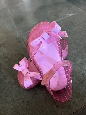 Mini Melissa Pink Glitter Jelly Mary Jane Shoes with Bows
